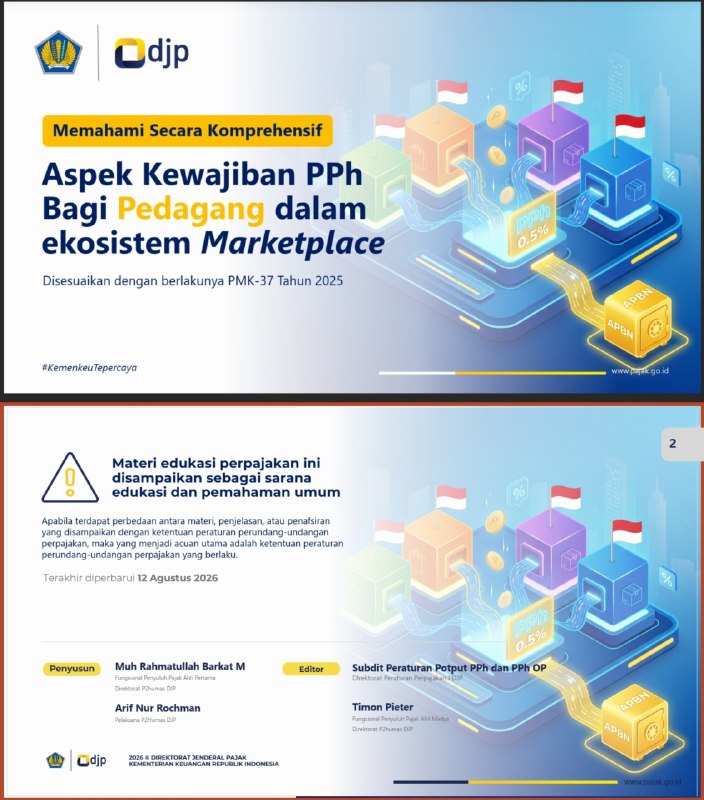 #EdukasiPajak #PajakMarketplace #PMK37📄 MATERI EDUKASI RESMI DJP: Memahami Secara Komprehensif Aspek Kewajiban PPh Bagi Pedagang dalam Ekosistem Marketplace (PMK-37/2025)Telah rilis materi edukasi resmi (Salindia) yang disusun sebagai sarana edukasi dan pemahaman umum terkait aspek kewajiban Pajak Penghasilan (PPh) bagi pedagang dalam ekosistem Marketplace, yang disesuaikan dengan berlakunya PMK-37 Tahun 2025.📚 STRUKTUR MATERI YANG DIBAHAS:- Aspek Perpajakan Penghasilan dari Kegiatan Usaha- Kewajiban Self Assessment Secara Umum Atas Penghasilan dari Kegiatan Usaha- Hak dan Kewajiban PPh Final 0,5% atas Penghasilan Kegiatan Usaha- Pemungutan PPh Pasal 22 oleh Marketplace Bagi Pedagang Sesuai PMK-37/2025- Latar Belakang dan Tujuan Pemungutan PPh 22- Hak dan Kewajiban Pajak Bagi Pedagang Dalam Negeri dalam Marketplace yang ditunjuk sebagai Pihak Lain- Contoh Kasus Pemungutan PPh Pasal 22 oleh Marketplace yang ditunjuk sebagai Pihak Lain👥 TIM PENYUSUN:• Penyusun: Muh Rahmatullah Barkat M & Arif Nur Rochman (Direktorat P2Humas DJP)• Editor: Subdit Peraturan Potput PPh dan PPh OP (Direktorat Peraturan Perpajakan I DJP) & Timon Pieter (Direktorat P2Humas DJP)⚠️ DISCLAIMER:Materi edukasi perpajakan ini disampaikan murni sebagai sarana edukasi dan pemahaman umum. Apabila terdapat perbedaan antara materi, penjelasan, atau penafsiran dengan perundang-undangan, maka acuan utama tetap merujuk pada ketentuan peraturan perpajakan yang berlaku.📥 Unduh : 