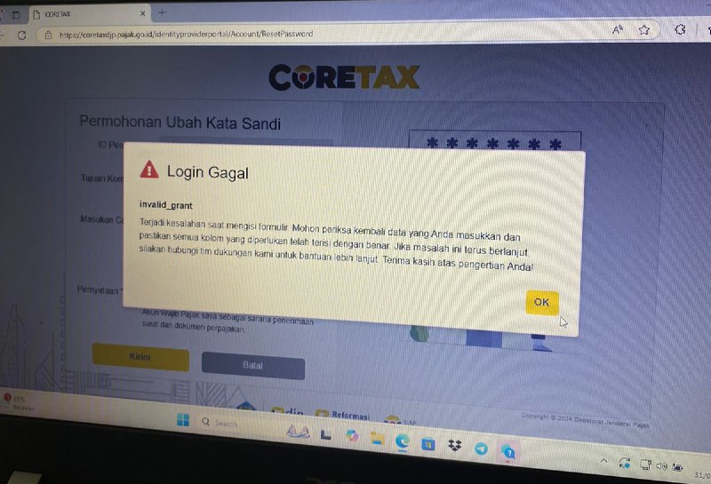 63. Saya sudah aktivasi akun namun tidak mendapatkan Surat Penerbitan Akun Wajib Pajak dalam bentuk pdf di email. Ketika coba untuk lupa kata sandi, keluar error 