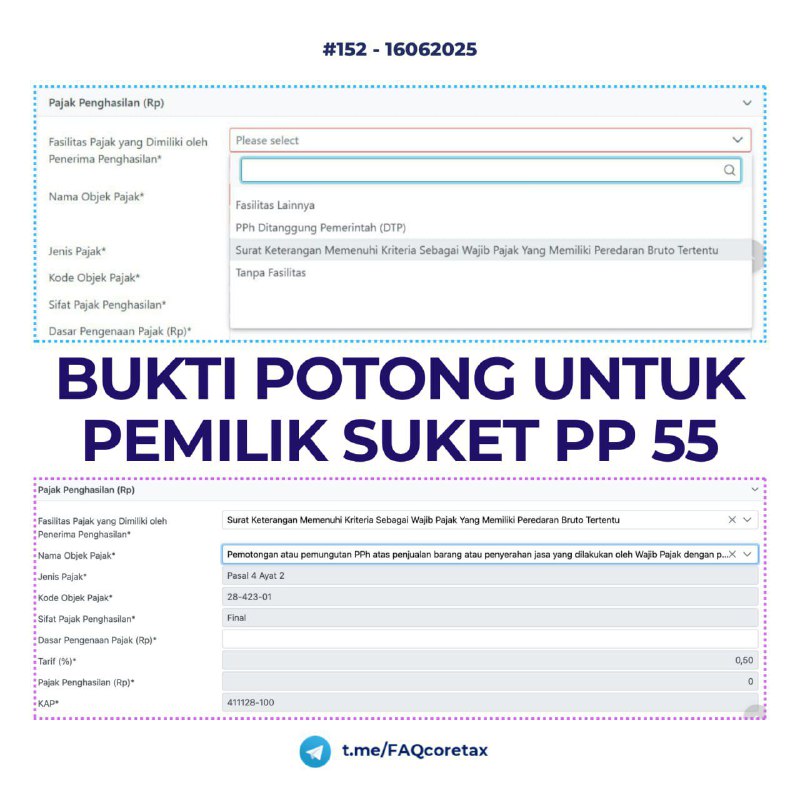 152. Bagaimana cara input fasilitas pada ebupot seperti pemotongan PPh 23 ke UMKM yg memiliki SUKET PP 55 atau ke lawan transaksi yang memiliki SKB? Di coretax tidak ada menu input nomor dokumennya. #eBupot✅ Fasilitas perpajakan di ebupot sistem coretax tidak perlu melakukan input nomor dokumen SUKET PP 55 ataupun nomor SKB. 