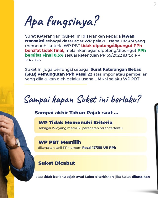 #SuketUMKM #Coretax #PPhFinal250. PENGAJUAN SUKET UMKM KINI BISA VIA CORETAXUnduh versi PDF disiniSekarang pengajuan Surat Keterangan (Suket) PPh Final UMKM makin mudah dan praktis. Anda sudah bisa mengajukannya secara online melalui portal Coretax (coretaxdjp.pajak.go.id).💡 APA FUNGSI PENTING SUKET INI?- Bukti Potong 0,5%: Diserahkan ke lawan transaksi sebagai dasar agar penghasilan Anda hanya dipotong PPh Final 0,5%.- Berfungsi sebagai SKB: Berlaku juga sebagai Surat Keterangan Bebas (SKB) pemungutan PPh Pasal 22 atas transaksi impor atau pembelian barang.⚠️ SUDAH PUNYA SUKET LAMA (PP 55/2022)?Bagi Kawan Pajak yang sebelumnya sudah memiliki Suket PP 55/2022 dan masih memenuhi kriteria, Suket Anda dinyatakan MASIH BERLAKU (berdasarkan ketentuan peralihan PP 20/2026). 👉 Artinya: Anda TIDAK PERLU repot melakukan pengajuan ulang.Yuk, simak informasi panduan teknis selengkapnya pada infografis ini.--t.me/FAQcoretax#SuketUMKM #Coretax #PPhFinal250. PENGAJUAN SUKET UMKM KINI BISA VIA CORETAXUnduh versi PDF disiniSekarang pengajuan Surat Keterangan (Suket) PPh Final UMKM makin mudah dan praktis. Anda sudah bisa mengajukannya secara online melalui portal Coretax (coretaxdjp.pajak.go.id).💡 APA FUNGSI PENTING SUKET INI?- Bukti Potong 0,5%: Diserahkan ke lawan transaksi sebagai dasar agar penghasilan Anda hanya dipotong PPh Final 0,5%.- Berfungsi sebagai SKB: Berlaku juga sebagai Surat Keterangan Bebas (SKB) pemungutan PPh Pasal 22 atas transaksi impor atau pembelian barang.⚠️ SUDAH PUNYA SUKET LAMA (PP 55/2022)?Bagi Kawan Pajak yang sebelumnya sudah memiliki Suket PP 55/2022 dan masih memenuhi kriteria, Suket Anda dinyatakan MASIH BERLAKU (berdasarkan ketentuan peralihan PP 20/2026). 👉 Artinya: Anda TIDAK PERLU repot melakukan pengajuan ulang.Yuk, simak informasi panduan teknis selengkapnya pada infografis ini.--t.me/FAQcoretax