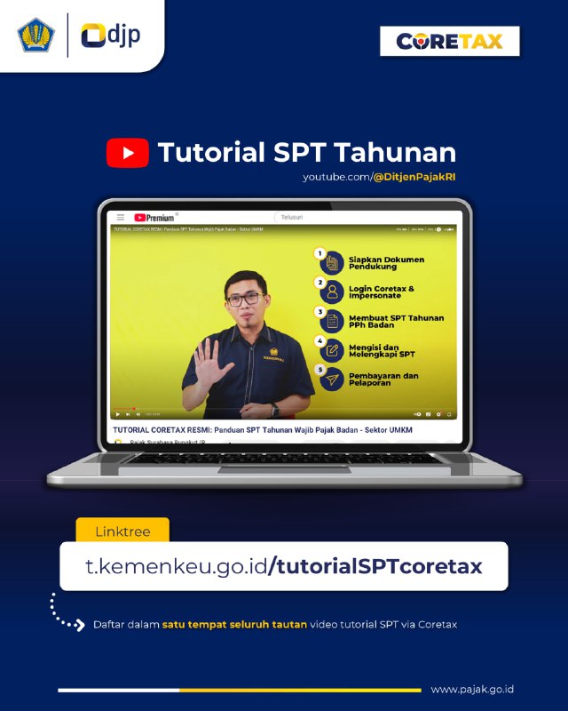 📢 Tutorial SPT Tahunan via Coretax kini tersedia lengkap!Direktorat Jenderal Pajak telah merilis video panduan resmi di YouTube @DitjenPajakRI untuk memudahkan Wajib Pajak Badan dalam melaporkan SPT Tahunan. Semua video dapat diakses dalam satu link berikut:👉 t.kemenkeu.go.id/tutorialSPTcoretax🎬 Daftar video tutorial yang bisa Kawan Pajak pilih sesuai sektor usahanya:1️⃣ SPT Tahunan Badan khusus WP UMKM – Final 0,5% omzet < Rp4,8 Miliar2️⃣ SPT Tahunan Badan Sektor PERDAGANGAN – Omzet > Rp4,8 Miliar3️⃣ SPT Tahunan Badan Sektor JASA – Penghasilan Final Jasa Konstruksi & Non Final Pengadaan4️⃣ SPT Tahunan Badan Sektor PERBANKAN – Omzet < Rp50 Miliar5️⃣ SPT Tahunan Badan Sektor INDUSTRI MANUFAKTUR – Penghasilan Final & Non Final💡 Dengan tutorial ini, Kawan Pajak dapat lebih mudah:✔️ Menyiapkan dokumen pendukung✔️ Login Coretax & impersonate✔️ Membuat & mengisi SPT Tahunan PPh Badan✔️ Melakukan pembayaran dan pelaporan dengan benar#SPTTahunan #Coretax #PajakTumbuhIndonesiaTangguh