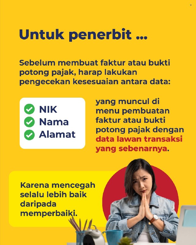 #FakturPajak #Coretax #BuktiPotong #PengaduanDJP254. KOK ADA FAKTUR PAJAK ATAS NAMA SAYA, PADAHAL NGGAK PERNAH TRANSAKSI?Pernah kaget tiba-tiba nemu data Faktur Pajak atau Bukti Potong atas nama dan NPWP Anda, padahal merasa nggak pernah beli barang atau melakukan transaksi tersebut? Kabar baiknya, sekarang seluruh data Faktur Pajak dan Bukti Potong pajak memang sudah terintegrasi penuh di Coretax DJP. Artinya, sistem yang baru ini bikin transaksi jauh lebih transparan. Anda bisa dengan mudah memantau dan mengecek sendiri apakah data yang tercatat di sistem benar-benar sesuai dengan transaksi riil Anda.❓ LALU, BAGAIMANA JIKA MENEMUKAN DATA YANG TIDAK SESUAI / FIKTIF?Jangan panik, segera lakukan 2 langkah penyelesaian berikut:1️⃣ Konfirmasi ke Pihak PenerbitSegera hubungi perusahaan atau pihak lawan transaksi yang menerbitkan Faktur Pajak/Bukti Potong tersebut. Sampaikan bahwa Anda tidak pernah melakukan transaksi, lalu minta mereka untuk segera MEMBATALKAN dokumen tersebut di sistem. (Bisa jadi ini hanya human error atau salah ketik NPWP).2️⃣ Laporkan ke Kanal Pengaduan DJPJika pihak penerbit sulit dihubungi, tidak kooperatif, atau Anda curiga ada indikasi kesengajaan penyalahgunaan identitas, jangan didiamkan. Segera sampaikan pengaduan resmi melalui kanal pengaduan DJP (seperti Kring Pajak 1500200, email ke pengaduan@pajak.go.id, atau datang ke KPP terdekat) agar segera ditindaklanjuti.Yuk, biasakan cek profil dan data perpajakan Anda di Coretax secara berkala. Karena mencegah penyalahgunaan data akan selalu lebih baik daripada repot memperbaikinya nanti. --t.me/FAQcoretax#FakturPajak #Coretax #BuktiPotong #PengaduanDJP254. KOK ADA FAKTUR PAJAK ATAS NAMA SAYA, PADAHAL NGGAK PERNAH TRANSAKSI?Pernah kaget tiba-tiba nemu data Faktur Pajak atau Bukti Potong atas nama dan NPWP Anda, padahal merasa nggak pernah beli barang atau melakukan transaksi tersebut? Kabar baiknya, sekarang seluruh data Faktur Pajak dan Bukti Potong pajak memang sudah terintegrasi penuh di Coretax DJP. Artinya, sistem yang baru ini bikin transaksi jauh lebih transparan. Anda bisa dengan mudah memantau dan mengecek sendiri apakah data yang tercatat di sistem benar-benar sesuai dengan transaksi riil Anda.❓ LALU, BAGAIMANA JIKA MENEMUKAN DATA YANG TIDAK SESUAI / FIKTIF?Jangan panik, segera lakukan 2 langkah penyelesaian berikut:1️⃣ Konfirmasi ke Pihak PenerbitSegera hubungi perusahaan atau pihak lawan transaksi yang menerbitkan Faktur Pajak/Bukti Potong tersebut. Sampaikan bahwa Anda tidak pernah melakukan transaksi, lalu minta mereka untuk segera MEMBATALKAN dokumen tersebut di sistem. (Bisa jadi ini hanya human error atau salah ketik NPWP).2️⃣ Laporkan ke Kanal Pengaduan DJPJika pihak penerbit sulit dihubungi, tidak kooperatif, atau Anda curiga ada indikasi kesengajaan penyalahgunaan identitas, jangan didiamkan. Segera sampaikan pengaduan resmi melalui kanal pengaduan DJP (seperti Kring Pajak 1500200, email ke pengaduan@pajak.go.id, atau datang ke KPP terdekat) agar segera ditindaklanjuti.Yuk, biasakan cek profil dan data perpajakan Anda di Coretax secara berkala. Karena mencegah penyalahgunaan data akan selalu lebih baik daripada repot memperbaikinya nanti. --t.me/FAQcoretax