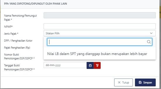 #InfoPenangananKendalaKendala pilihan daftar jenis pajak saat rekam bukti potong secara manual yang hanya menampilkan daftar Nilai LB dalam SPT yang dianggap bukan merupakan lebih bayar sedang ditangani, jadwal deploy perbaikan paling cepat malam ini.Silakan coba berkala besok. --t.me/FAQcoretax