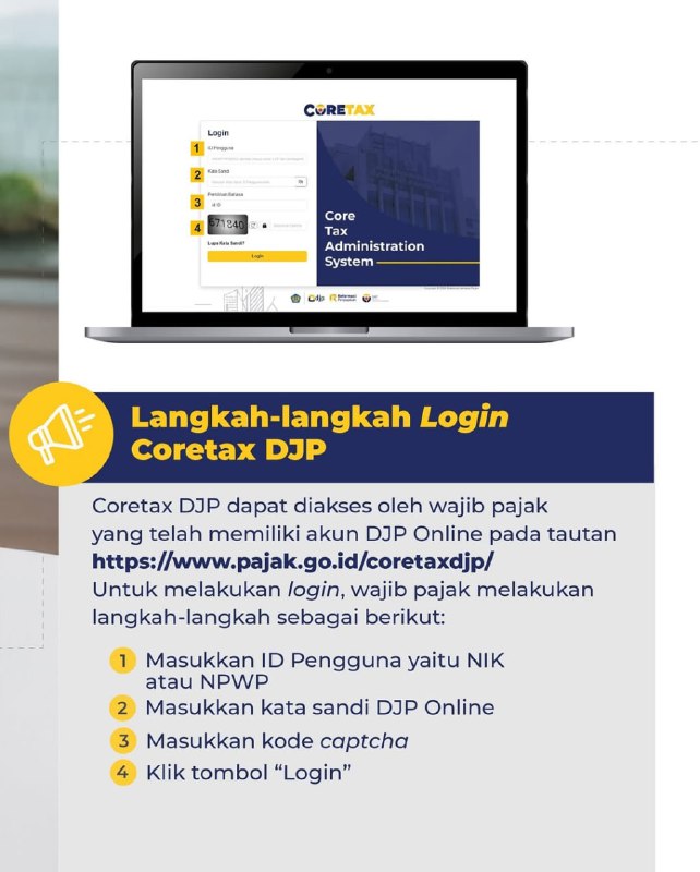 🔔 PRAIMPLEMENTASI CORETAX DJP:Wajib Pajak dapat Login Lebih AwalCoretax DJP akan mulai diimplementasikan pada 1 Januari 2025! Masa praimplementasi berlangsung pada 16–31 Desember 2024, dan wajib pajak sudah bisa log in ke sistem Coretax DJP mulai 24 Desember 2024 melalui tautan: 