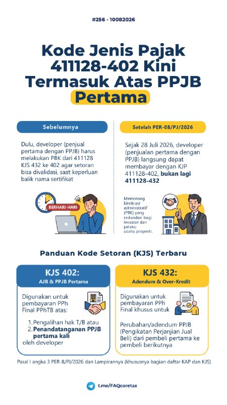 #PPhTB #KodeBilling #PPJB256. KAP & KJS UNTUK PPh FINAL PPJB OLEH DEVELOPER (PEMBELI PERTAMA)KAP dan KJS apa yang digunakan oleh Developer untuk membuat Kode Billing atas penghasilan dari Pengikatan Perjanjian Jual Beli (PPJB) kepada pembeli pertama?✅ JAWABAN & ATURAN BARU (PER-8/PJ/2026):Berdasarkan peraturan terbaru PER-8/PJ/2026 yang resmi berlaku sejak 28 Juli 2026, fungsi KJS 402 telah diperluas cakupannya. 1️⃣ UNTUK PPJB PEMBELI PERTAMA (Gunakan KJS 402)