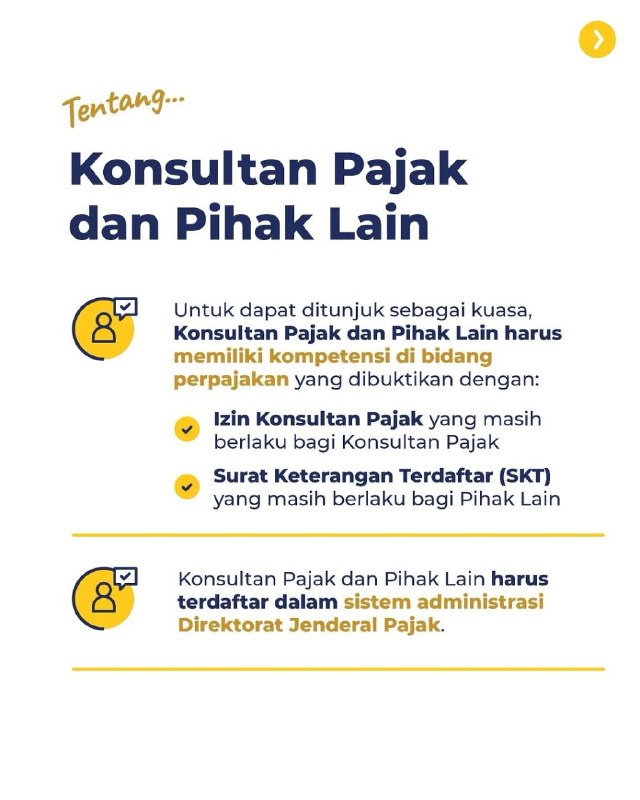 #KawanPajak kini lebih mudah dalam menunjuk kuasa wajib pajak. Dengan PMK terbaru ini, wajib pajak dapat menunjuk kuasa dengan Surat Kuasa Khusus, baik konsultan, keluarga, dan pihak lain yang sesuai ketentuan. Adapun ketentuan PMK ini juga mengatur pihak lain yang pernah bertugas di Kemenkeu harus lebih dulu memenuhi masa jeda selama 5 tahun. Yuks, simak info selengkapnya pada infografis berikut—t.me/FAQcoretax#KawanPajak kini lebih mudah dalam menunjuk kuasa wajib pajak. Dengan PMK terbaru ini, wajib pajak dapat menunjuk kuasa dengan Surat Kuasa Khusus, baik konsultan, keluarga, dan pihak lain yang sesuai ketentuan. Adapun ketentuan PMK ini juga mengatur pihak lain yang pernah bertugas di Kemenkeu harus lebih dulu memenuhi masa jeda selama 5 tahun. Yuks, simak info selengkapnya pada infografis berikut—t.me/FAQcoretax