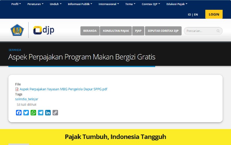  #MateriEdukasiSalindia Aspek Perpajakan Program Makan Bergizi Gratis (MBG) bagi Wajib Pajak telah disediakan di pajak.go.idLink shortnya: s.kemenkeu.go.id/aspekpajakMBG—t.me/FAQcoretax