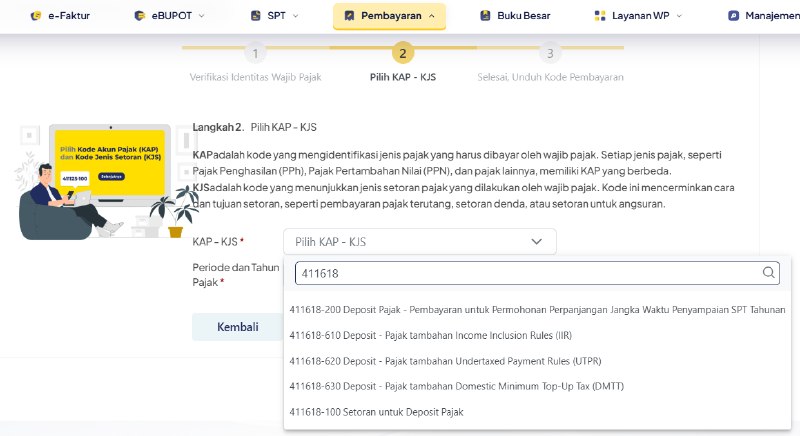 #Globe #GMTPER-6/PJ/2026 yang mengatur tata cara pelaksanaan Pajak Minimum Global (Global Minimum Tax/GMT) di Indonesia mencakup berbagai aspek administratif dan prosedural pelaksanaan GMT, mulai dari penetapan status Wajib Pajak GloBE hingga mekanisme pengawasan dan penyelesaian sengketa perpajakan.Jumat, 09 Oktober 2026 telah dimunculkan kode akun pajak dan kode jenis setoran Pajak Tambahan sesuai ketentuan PER-6/PJ/2026 tersebut pada menu layanan mandiri kode billing:🟪  411618 - 610Pajak Tambahan berdasarkan IIR🟨  411618 - 620Pajak Tambahan berdasarkan UTPR🟦  411618 - 630 Pajak Tambahan berdasarkan DMTTPajak Tambahan yang terutang atas pelaksanaan ketentuan Pajak Minimum Global wajib dibayarkan dan disetorkan paling lambat pada akhir Tahun Pajak GloBE. --t.me/FAQcoretax