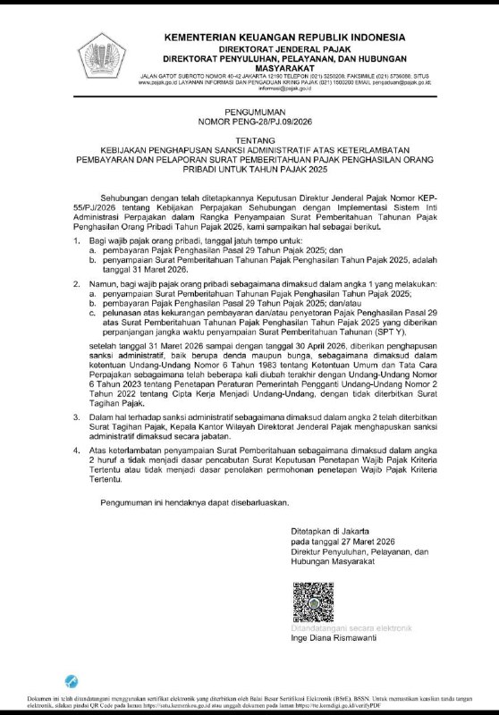 #pengumuman #SPTTahunan Sehubungan dengan telah ditetapkannya Keputusan Direktur Jenderal Pajak Nomor KEP-55/PJ/2026 tentang Kebijakan Perpajakan Sehubungan Dengan Implementasi Sistem Inti Administrasi Perpajakan Dalam Rangka Penyampaian Surat Pemberitahuan Tahunan Pajak Penghasilan Orang Pribadi Tahun Pajak 2025, kami sampaikan: setelah tanggal 31 Maret 2026 sampai dengan tanggal 30 April 2026, diberikan penghapusan sanksi administratif, baik berupa denda maupun bunga, sebagaimana dimaksud dalam ketentuan Undang-Undang Nomor 6 Tahun 1983 tentang Ketentuan Umum dan Tata Cara Perpajakan sebagaimana telah beberapa kali diubah terakhir dengan Undang-Undang Nomor 6 Tahun 2023 tentang Penetapan Peraturan Pemerintah Pengganti Undang-Undang Nomor 2 Tahun 2022 tentang Cipta Kerja Menjadi Undang-Undang, dengan tidak diterbitkan Surat Tagihan Pajak.--t.me/FAQcoretax