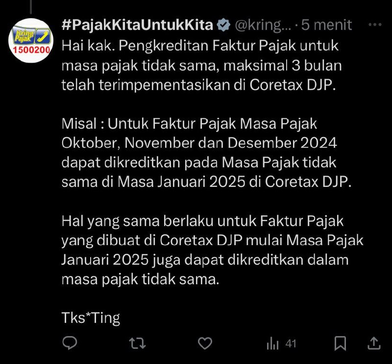 Penerapan Pengkreditan Pajak Masukan (PM) Masa Pajak Tidak Sama dalam CoretaxSehubungan dengan simpang siur mengenai penerapan pengkreditan PM dengan masa pajak yang tidak sama, perlu disampaikan bahwa:Fitur pengkreditan PM masa pajak tidak sama sudah diimplementasikan dalam sistem Coretax.Apa yang telah diimplementasikan dalam sistem Coretax saat ini merupakan penjabaran dari regulasi dan kebijakan administrasi perpajakan.PKP dipersilakan untuk memanfaatkan fitur pengkreditan pajak yang tidak sama sesuai dengan regulasi yang berlaku (UU PPN).—@FAQcoretaxDiskusi di Group Konsulgab Coretax Jatim1