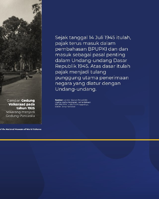 Tahukah #KawanPajak bagaimana kata “pajak” pertama kali lahir dalam sejarah konstitusi kita? 🇮🇩✨Ternyata, perjalanan panjang ini bermula saat masa reses sidang BPUPKI (2 Juni - 9 Juli 1945), ketika Ketua BPUPKI Radjiman Wedyodiningrat mengusulkan gagasan penting bahwa Pemungutan pajak harus diatur hukum.Sejak momen bersejarah di Gedung Pancasila itulah, pajak resmi disepakati oleh para pendiri bangsa sebagai tulang punggung utama penerimaan negara. Hari ini, 14 Juli 2026, mari kita rawat bersama komitmen sejarah ini untuk membangun fondasi bangsa yang mandiri dan berdaulat. Selamat Hari Pajak 2026!Pajak Tumbuh, Indonesia Tangguh!Tahukah #KawanPajak bagaimana kata “pajak” pertama kali lahir dalam sejarah konstitusi kita? 🇮🇩✨Ternyata, perjalanan panjang ini bermula saat masa reses sidang BPUPKI (2 Juni - 9 Juli 1945), ketika Ketua BPUPKI Radjiman Wedyodiningrat mengusulkan gagasan penting bahwa Pemungutan pajak harus diatur hukum.Sejak momen bersejarah di Gedung Pancasila itulah, pajak resmi disepakati oleh para pendiri bangsa sebagai tulang punggung utama penerimaan negara. Hari ini, 14 Juli 2026, mari kita rawat bersama komitmen sejarah ini untuk membangun fondasi bangsa yang mandiri dan berdaulat. Selamat Hari Pajak 2026!Pajak Tumbuh, Indonesia Tangguh!