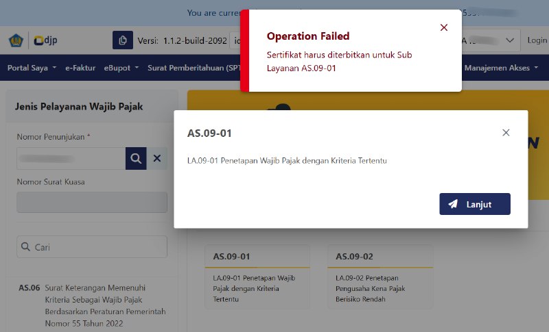 #LayananAdministrasiTerkait pengajuan ulang penetapan WP Kriteria Tertentu, pastikan bahwa WP tersebut memang termasuk yang semula memiliki fasilitas Penetapan Wajib Pajak Dengan Kriteria Tertentu kemudian dicabut (status Revoked) berdasar PMK Nomor 28 Tahun 2026.Selain WP yang dicabut secara jabatan tersebut, ketika mengajukan permohonan akan muncul NotifikasiOperation FailedSertifikat harus diterbitkan untuk Sub Layanan AS.09-01Cek ulang kembali status penetapan di menu Daftar Fasilitas ya.Semoga info ini membantu..