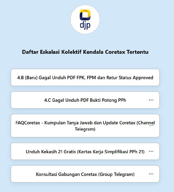 #EskalasiKolektifPerpanjangan eskalasi mengenai gagal unduh dokumen FP dan BP.Silakan dimanfaatkan jika terdapat reside error yang belum tercleansing massal. —t.me/FAQcoretax