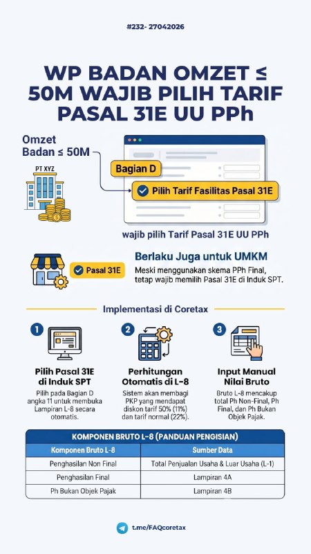 #SPTTahunanBadan #L8232. Saya WP Badan yang omzetnya ≤ Rp50 Miliar, tarif PPh apa yang dipilih di Induk SPT? Boleh pilih selain Tarif Pasal 31E?WP omzet s.d. 50 M WAJIB pilih Tarif Pasal 31E (fasilitas) dan TIDAK BOLEH pilih tarif lain.📌 KETENTUAN (UU PPh Pasal 31E)