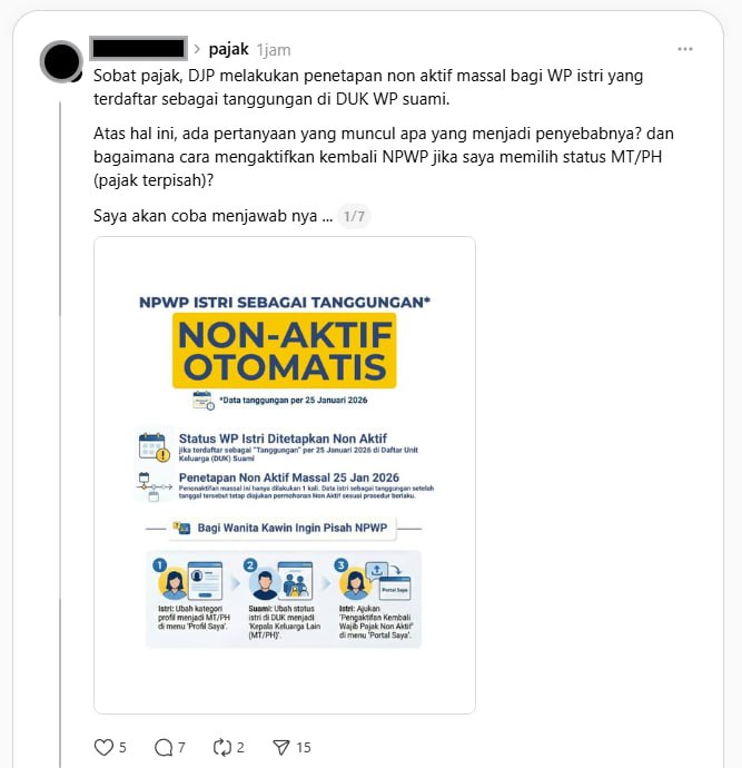 #Reminder #RefleksiKepada rekan-rekan FAQcoretax, termasuk konsultan dan praktisi pajak.Terima kasih telah menjadi bagian dari perjalanan channel pribadi kami di FAQcoretax, sejak awal Coretax lahir. Hari ini, kami bersyukur telah mencapai 35k subscriber.Di kesempatan ini, izin juga kami sampaikan, bahwa kami memahami bahwa informasi yang baik butuh segera diamplifikasi. Namun, niat baik tersebut perlu dilakukan dengan cara baik pula.Dalam media sosial/informasi, pencantuman sumber wajib dilakukan ketika kita melakukan penyaduran. Kami berharap dan mengingatkan, silakan manfaatkan dan sebarkan informasi dari sini, namun mohon untuk tidak lupa cantumkan sumbernya. 🙏Ini adalah tentang kepantasan: sebuah bentuk penghargaan agar kami tetap semangat untuk menyisihkan waktu menggali, merangkum, mengkonfirmasi dan menyampaikan informasi/rangkuman/update yang kami ketahui sesegera mungkin di channel pribadi kami. Mohon tidak lakukan praktik memotong poster tanpa mencantumkan sumber atau menyalin hampir seluruh isi tanpa atribusi, seperti contoh di gambar ini. Kami  yakin kita semua bisa bertumbuh bersama, dengan usaha masing-masing, tanpa mengambil karya tanpa atribut sumber atau tanpa ijin. 🙏Contoh yang baik sudah ada, seperti Channel WhatsApp Ngotax. (shout out untuk adminnya 👍⭐️)Sekian. Semoga refleksi ini menjadi pengingat bersama. Terima kasih atas dukungan rekan-rekan semua, semoga kita selalu sehat dan diberkahi usahanya.Hormat kami- Rahmatullah Barkat- Rindang Kartika—t.me/FAQcoretax