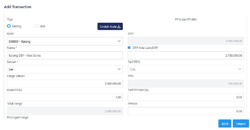 #UangMuka Pertama:Ilustrasi Perekaman FP Uang Muka Pertama dan Cetakan PDFUpdate 1 Mei 2025Total harga jual transaksi: Rp5juta.Terdiri dari:- Barang ABC : Rp 2 juta- Barang DEF : Rp 3 jutaTahapan Pembayaran Pertama- Pertama: 2 juta -> Pada baris uang muka diisi 11/12 x 2 juta: 1.8-an juta- Pertama: 2 juta, maka isi uang muka 2 jutaPenjelasan 