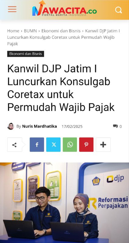 🥳 Kabar baik bagi Wajib Pajak se-Surabaya.Mulai hari ini, 17 Februari 2025, Satgas hasil sinergi yang terdiri dari 1 Kanwil dan 13 KPP se-Surabaya sudah resmi hadir ke Telegram Group Konsultasi Gabungan Coretax Kanwil DJP Jawa Timur I.Sesuai dengan arahan Pak Kakanwil DJP Jawa Timur I, Sigit Danang Joyo: “Untuk menyukseskan implementasi Coretax ini, seluruh pegawai kami dikerahkan untuk memberikan layanan terbaik kepada wajib pajak, baik melalui layanan luring maupun daring, termasuk melalui Konsulgab Coretax ini,” (17/02/2025)Silakan bagi Wajib Pajak di Surabaya, untuk memanfaatkan sarana terpadu dan terpusat ini untuk berkonsultasi, dan berdiskusi terkait CoretaxLink untuk bergabung Konsulgabjatim 1 adalah 