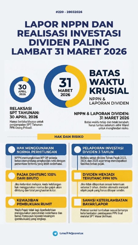 #Reminder #LayananAdministrasi220. Apakah batas waktu pelaporan penggunaan NPPN dan laporan realisasi investasi dividen diperpanjang juga sampai akhir April 2026?JANGAN SALAH PAHAMI: 