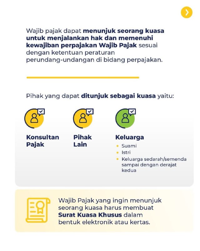 #KawanPajak kini lebih mudah dalam menunjuk kuasa wajib pajak. Dengan PMK terbaru ini, wajib pajak dapat menunjuk kuasa dengan Surat Kuasa Khusus, baik konsultan, keluarga, dan pihak lain yang sesuai ketentuan. Adapun ketentuan PMK ini juga mengatur pihak lain yang pernah bertugas di Kemenkeu harus lebih dulu memenuhi masa jeda selama 5 tahun. Yuks, simak info selengkapnya pada infografis berikut—t.me/FAQcoretax#KawanPajak kini lebih mudah dalam menunjuk kuasa wajib pajak. Dengan PMK terbaru ini, wajib pajak dapat menunjuk kuasa dengan Surat Kuasa Khusus, baik konsultan, keluarga, dan pihak lain yang sesuai ketentuan. Adapun ketentuan PMK ini juga mengatur pihak lain yang pernah bertugas di Kemenkeu harus lebih dulu memenuhi masa jeda selama 5 tahun. Yuks, simak info selengkapnya pada infografis berikut—t.me/FAQcoretax