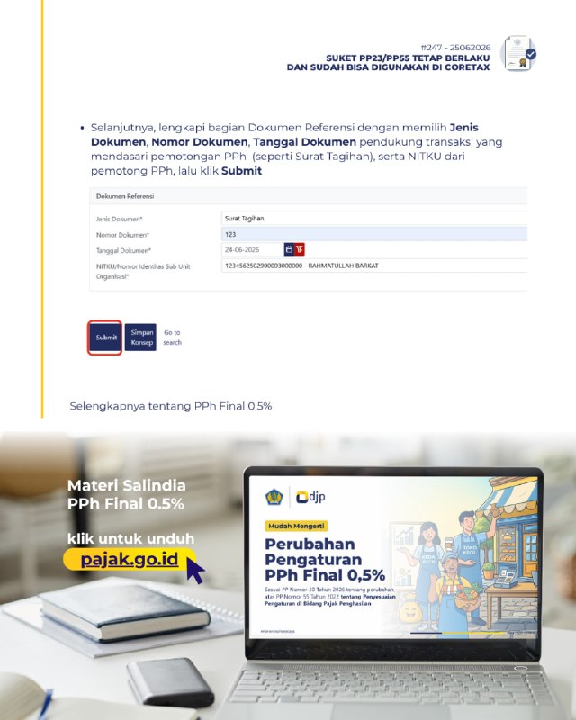 Part 3 FAQ 2473. PANDUAN BIKIN EBUPOT BAGI LAWAN TRANSAKSIPemotong/pemungut pajak dapat membuat Bukti Potong  atas WP yang telah diterbitkan dan diaktifasi otomatis Suketnya dengan langkah:  * eBupot → BPPU → Create eBupot BPU* Isi Masa Pajak (berdasarkan kejadian paling awal antara pembayaran/disediakan dibayar/jatuh tempo), NIK/NPWP 16 digit, dan NITKU penjual.Selanjutnya, isi rincian Bupot berdasarkan kriteria omzet penerima penghasilan:— Skenario A: WP OP dengan Omzet Berjalan ≤ Rp500 Juta* Fasilitas Pajak: Pilih 