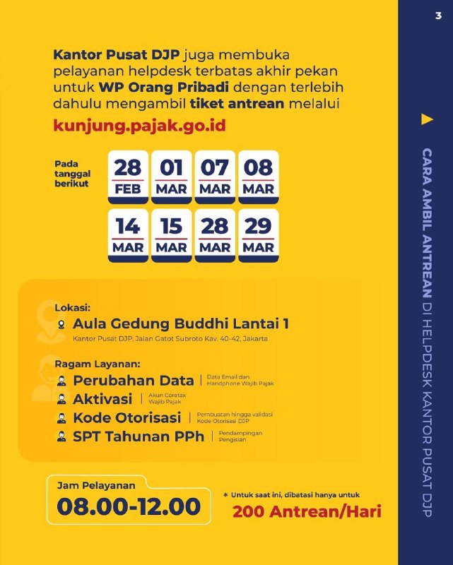 Mau lapor SPT tapi sibuk di hari kerja? Tenang, #KawanPajak! Kantor Pajak kini hadir lebih dekat dengan membuka layanan di akhir pekan (Sabtu & Minggu) untuk mendampingi kamu menuntaskan kewajiban pelaporan SPT Tahunan.Pastikan #KawanPajak memantau secara berkala akun media sosial KPP di wilayah domisili masing-masing untuk mengetahui jadwal operasional unit kerja terdekat, ya! Jangan lupa ambil tiket antrean terlebih dahulu melalui kunjung.pajak.go.id. Seluruh layanan kami tidak dipungut biaya alias GRATIS, jadi tetap waspada terhadap segala bentuk penipuan atau calo karena #KamiDampingiSampaiBerhasil!Mau lapor SPT tapi sibuk di hari kerja? Tenang, #KawanPajak! Kantor Pajak kini hadir lebih dekat dengan membuka layanan di akhir pekan (Sabtu & Minggu) untuk mendampingi kamu menuntaskan kewajiban pelaporan SPT Tahunan.Pastikan #KawanPajak memantau secara berkala akun media sosial KPP di wilayah domisili masing-masing untuk mengetahui jadwal operasional unit kerja terdekat, ya! Jangan lupa ambil tiket antrean terlebih dahulu melalui kunjung.pajak.go.id. Seluruh layanan kami tidak dipungut biaya alias GRATIS, jadi tetap waspada terhadap segala bentuk penipuan atau calo karena #KamiDampingiSampaiBerhasil!