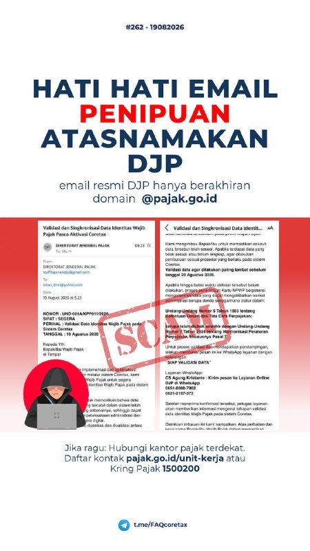 #EmailResmiDJP #WaspadaPenipuan #Coretax262. 🚨 WASPADA PENIPUAN MENGATASNAMAKAN DJP!Saat ini sedang beredar email penipuan (__phishing__) terkait 