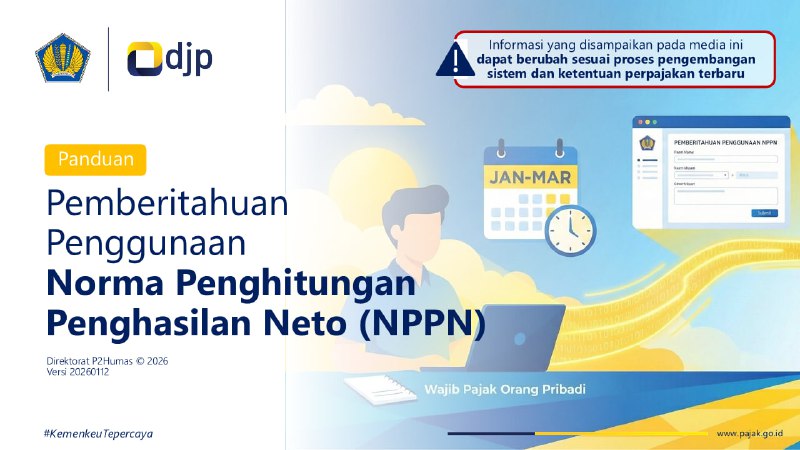 Panduan Coretax – Pemberitahuan Penggunaan NPPN kini telah diperbaharui bagi Wajib Pajak Orang Pribadi.Tanggal update 12 Januari 2026📝  Isi Panduan:- Ketentuan Umum NPPN- Syarat utama Penggunaan NPPN- Batas waktu pemberitahuan:  • WP lama → 3 bulan pertama tahun pajak *(s.d. 31 Maret)*  • WP baru → maksimal 3 bulan sejak terdaftar atau akhir tahun pajak- Ketentuan khusus: bagi wanita kawin-  Panduan Tahap persiapan di Coretax- Tahap pemberitahuan: pengisian data, pembuatan dokumen PDF, tanda tangan elektronik, pengiriman via Coretax- Tahap pengecekan: memastikan status NPPN Active pada daftar fasilitas atau profil CoretaxUnduh bisa di pajak.go.id/lapor-tahunanatau di Telegram FAQCoretax ini✨ Diharapkan dengan panduan ini, Rekan WP Orang Pribadi yang melakukan kegiatan usaha/pekerjaan bebas dan memilih menggunakan NPPN dalam menghitung penghasilan neto bisa lebih mudah memahami prosedur pemberitahuan NPPN, khususnya untuk Tahun Pajak 2026Jangan lupa disampaikan, paling lambat 31 Maret 2026!—t.me/FAQcoretax