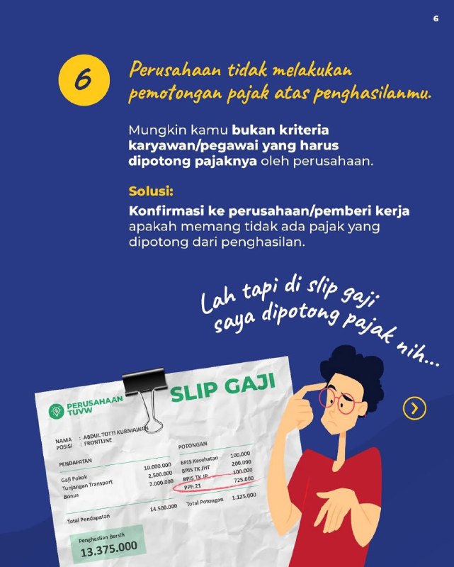 #KawanPajak Dengan Coretax, data yang dilaporkan perusahaan, langsung muncul di akunmu. Kalau nggak muncul, berarti ada beberapa hal yang bisa kamu lakukan. Cek sinkronisasi data dan NIK-mu. Konfirmasi juga ke pemberi kerja. Tapi ingat, kalau ternyata ada indikasi perusahaan potong gaji tapi tidak setor pajak, jangan takut untuk lapor! Untuk konfirmasi dan informasi lebih lanjut, silakan hubungi Kring Pajak 1500200, @kringpajak1500200, dan Helpdesk Kantor Pajak terdekat.Source IG ditjenpajakri--t.me/FAQcoretax#KawanPajak Dengan Coretax, data yang dilaporkan perusahaan, langsung muncul di akunmu. Kalau nggak muncul, berarti ada beberapa hal yang bisa kamu lakukan. Cek sinkronisasi data dan NIK-mu. Konfirmasi juga ke pemberi kerja. Tapi ingat, kalau ternyata ada indikasi perusahaan potong gaji tapi tidak setor pajak, jangan takut untuk lapor! Untuk konfirmasi dan informasi lebih lanjut, silakan hubungi Kring Pajak 1500200, @kringpajak1500200, dan Helpdesk Kantor Pajak terdekat.Source IG ditjenpajakri--t.me/FAQcoretax