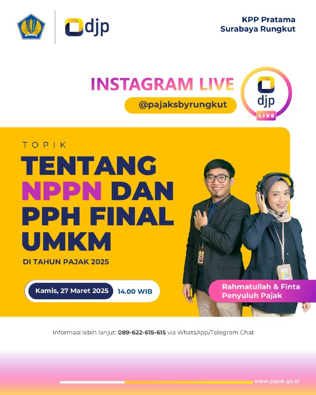 🎙 Episode 14 IG Live @pajaksbyrungkut: 👨‍🏫 #KawanPajak Bingung tentang NPPN, apa hubungannya dengan tarif final UMKM?Yuk simak langsung penjelasan dari Penyuluh Pajak Rahmatullah & Finta seputar:✅ Apa itu NPPN dan siapa saja yang boleh menggunakannya✅ Syarat Penggunaan NPPN dan Caranya✅ Contoh cara hitung penghasilan neto dengan norma✅ Bolehkah WP yang pakai NPPN tetap pakai tarif final 0,5%?✅ Penjelasan lengkap aturan terbaru terkait NPPN dan SPT Tahunan (Relaksasi dan Informasi Penting tentang Fenomena Pegawai SPT Tahunan Lebih Bayar)📚 Dilengkapi contoh:Semoga gampang dipahami buat pelaku usaha atau pekerja bebas📆 Kamis, 27 Maret 2025🕑 Pukul 14.00 WIB📍 Live di Instagram: instagram.com/pajaksbyrungkut🎧 Jangan lupa follow dan aktifkan notifikasi IG @pajaksbyrungkut biar nggak ketinggalan ya#NPPN2025 #PPhFinalUMKM, #EdukasiPajak, #Coretax, #PajakKuatAPBNSehat, #SemuaLayananGratis