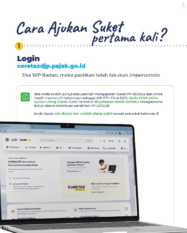 #SuketUMKM #Coretax #PPhFinal250. PENGAJUAN SUKET UMKM KINI BISA VIA CORETAXUnduh versi PDF disiniSekarang pengajuan Surat Keterangan (Suket) PPh Final UMKM makin mudah dan praktis. Anda sudah bisa mengajukannya secara online melalui portal Coretax (coretaxdjp.pajak.go.id).💡 APA FUNGSI PENTING SUKET INI?- Bukti Potong 0,5%: Diserahkan ke lawan transaksi sebagai dasar agar penghasilan Anda hanya dipotong PPh Final 0,5%.- Berfungsi sebagai SKB: Berlaku juga sebagai Surat Keterangan Bebas (SKB) pemungutan PPh Pasal 22 atas transaksi impor atau pembelian barang.⚠️ SUDAH PUNYA SUKET LAMA (PP 55/2022)?Bagi Kawan Pajak yang sebelumnya sudah memiliki Suket PP 55/2022 dan masih memenuhi kriteria, Suket Anda dinyatakan MASIH BERLAKU (berdasarkan ketentuan peralihan PP 20/2026). 👉 Artinya: Anda TIDAK PERLU repot melakukan pengajuan ulang.Yuk, simak informasi panduan teknis selengkapnya pada infografis ini.--t.me/FAQcoretax#SuketUMKM #Coretax #PPhFinal250. PENGAJUAN SUKET UMKM KINI BISA VIA CORETAXUnduh versi PDF disiniSekarang pengajuan Surat Keterangan (Suket) PPh Final UMKM makin mudah dan praktis. Anda sudah bisa mengajukannya secara online melalui portal Coretax (coretaxdjp.pajak.go.id).💡 APA FUNGSI PENTING SUKET INI?- Bukti Potong 0,5%: Diserahkan ke lawan transaksi sebagai dasar agar penghasilan Anda hanya dipotong PPh Final 0,5%.- Berfungsi sebagai SKB: Berlaku juga sebagai Surat Keterangan Bebas (SKB) pemungutan PPh Pasal 22 atas transaksi impor atau pembelian barang.⚠️ SUDAH PUNYA SUKET LAMA (PP 55/2022)?Bagi Kawan Pajak yang sebelumnya sudah memiliki Suket PP 55/2022 dan masih memenuhi kriteria, Suket Anda dinyatakan MASIH BERLAKU (berdasarkan ketentuan peralihan PP 20/2026). 👉 Artinya: Anda TIDAK PERLU repot melakukan pengajuan ulang.Yuk, simak informasi panduan teknis selengkapnya pada infografis ini.--t.me/FAQcoretax