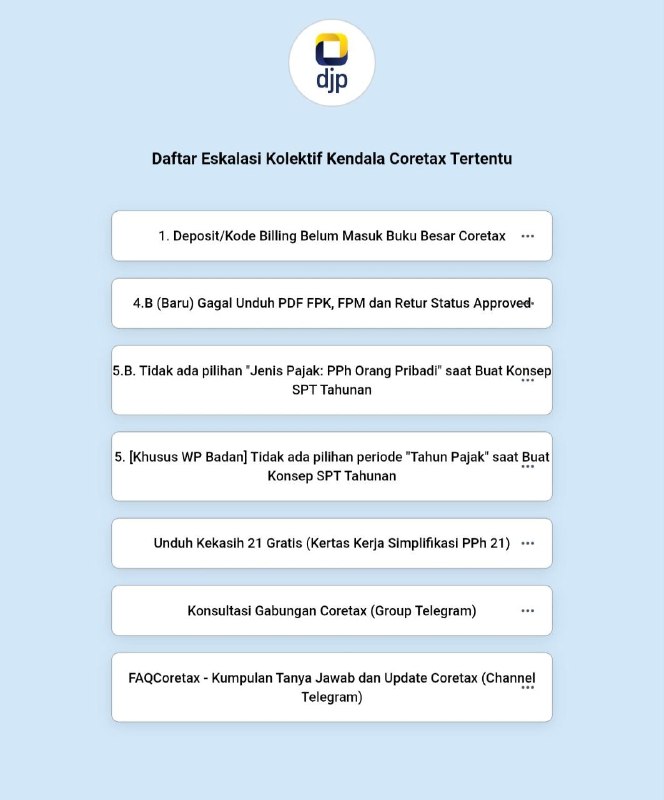⚠️ Eskalasi Kolektif Terbatas WaktuPembayaran Deposit atau Kode Billing saat submit SPT yang belum terbaca di buku besar, sehingga menyebabkan SPT masih tertahan di SPT Menunggu PembayaranSilakan manfaatkan t.kemenkeu.go.id/eskalasikolektif nomor 1.Pastikan tidak salah ketik.Setelah submit, silakan cek berkala Buku Besarnya.Terima kasih--t.me/FAQcoretax