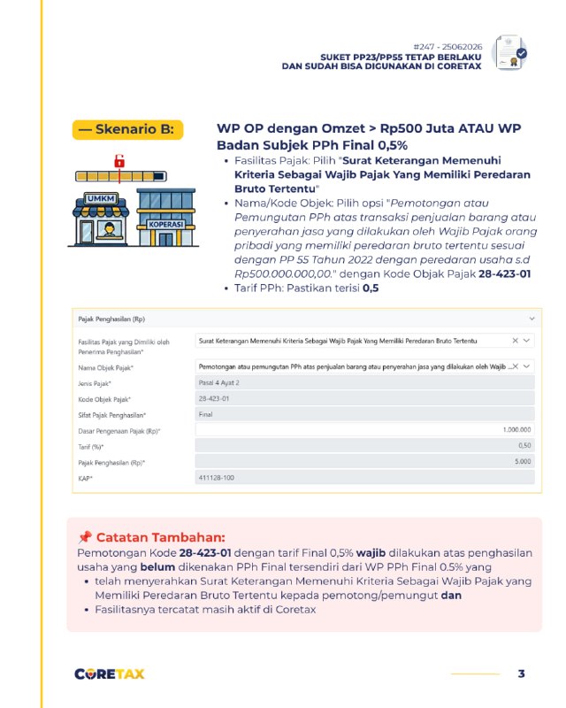 Part 3 FAQ 2473. PANDUAN BIKIN EBUPOT BAGI LAWAN TRANSAKSIPemotong/pemungut pajak dapat membuat Bukti Potong  atas WP yang telah diterbitkan dan diaktifasi otomatis Suketnya dengan langkah:  * eBupot → BPPU → Create eBupot BPU* Isi Masa Pajak (berdasarkan kejadian paling awal antara pembayaran/disediakan dibayar/jatuh tempo), NIK/NPWP 16 digit, dan NITKU penjual.Selanjutnya, isi rincian Bupot berdasarkan kriteria omzet penerima penghasilan:— Skenario A: WP OP dengan Omzet Berjalan ≤ Rp500 Juta* Fasilitas Pajak: Pilih 