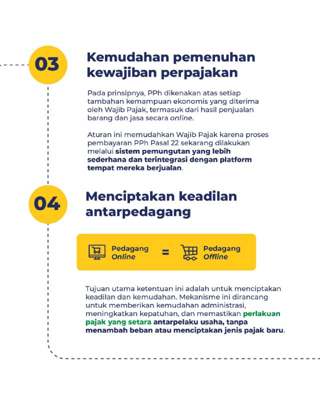 Bukan Pajak Baru, Hanya Cara Pemungutannya yang Berubah.Buat Kawan Pajak yang jualan online, yuk pahami poin penting dari PMK 37/2025 tentang pemungutan PPh Pasal 22 oleh marketplace:1️⃣ Bukan Pajak Baru!Sekarang, PPh yang dulu dibayar sendiri, kini bisa langsung dipotong/diambil oleh marketplace tempat kamu jualan.2️⃣ UMKM dengan Omzet ≤ Rp500 Juta Tetap Bebas PajakPedagang orang pribadi dengan omzet hingga Rp500 juta setahun, tetap TIDAK DIPUNGUT PPh Pasal 22.3️⃣ Lebih Mudah & PraktisPembayaran pajak makin mudah karena sudah terintegrasi di platform marketplace.4️⃣ Adil untuk Semua PedagangSistem ini menyetarakan perlakuan pajak antara pedagang online dan offline. Bukan beban pajak baru.5️⃣ Pengawasan Lebih Kuat, Shadow Economy TertutupAturan ini membantu DJP meningkatkan kepatuhan pajak dan menutup celah shadow economy, khususnya buat yang selama ini belum patuh.Kesimpulan:PMK 37/2025 TIDAK menambah jenis pajak baru, hanya mengubah cara pemungutannya supaya lebih sederhana, adil, dan mudah. Jangan khawatir, UMKM tetap aman dari pungutan pajak selama omzet di bawah Rp500 juta setahun.—t.me/FAQcoretaxBukan Pajak Baru, Hanya Cara Pemungutannya yang Berubah.Buat Kawan Pajak yang jualan online, yuk pahami poin penting dari PMK 37/2025 tentang pemungutan PPh Pasal 22 oleh marketplace:1️⃣ Bukan Pajak Baru!Sekarang, PPh yang dulu dibayar sendiri, kini bisa langsung dipotong/diambil oleh marketplace tempat kamu jualan.2️⃣ UMKM dengan Omzet ≤ Rp500 Juta Tetap Bebas PajakPedagang orang pribadi dengan omzet hingga Rp500 juta setahun, tetap TIDAK DIPUNGUT PPh Pasal 22.3️⃣ Lebih Mudah & PraktisPembayaran pajak makin mudah karena sudah terintegrasi di platform marketplace.4️⃣ Adil untuk Semua PedagangSistem ini menyetarakan perlakuan pajak antara pedagang online dan offline. Bukan beban pajak baru.5️⃣ Pengawasan Lebih Kuat, Shadow Economy TertutupAturan ini membantu DJP meningkatkan kepatuhan pajak dan menutup celah shadow economy, khususnya buat yang selama ini belum patuh.Kesimpulan:PMK 37/2025 TIDAK menambah jenis pajak baru, hanya mengubah cara pemungutannya supaya lebih sederhana, adil, dan mudah. Jangan khawatir, UMKM tetap aman dari pungutan pajak selama omzet di bawah Rp500 juta setahun.—t.me/FAQcoretax