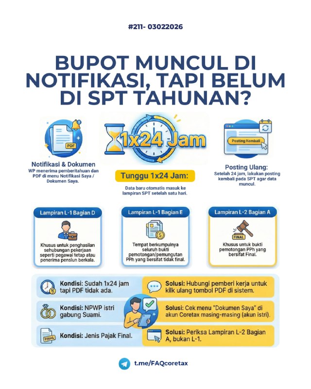 #SPTTahunanOP #BuktiPotong211. Saya sudah menerima notifikasi di Coretax bahwa terdapat Bupot A1/A2 di Dokumen Saya. Namun saat dicek di SPT Tahunan PPh OP Lampiran L1-E, bukti potong tersebut tidak ter-prepopulasi. Apa solusinya?📩 Kondisi Normal