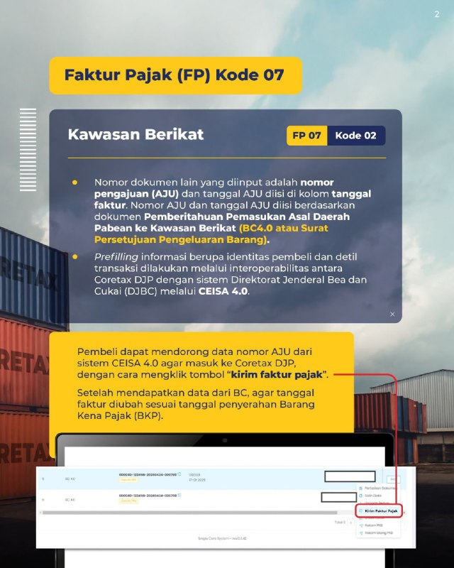 51. Bagaimana cara pengisian Nomor Dokumen pada isian Faktur Pajak kode FP 07 atas Penyerahan ke Kawasan Berikat, Kawasan Bebas atau Kawasan Ekonomi Khusus?#eFaktur #Kode07  Faktur Pajak (FP) Kode 07 adalah faktur pajak untuk penyerahan BKP/JKP yang mendapatkan fasilitas tidak dipungut, seperti ke penyerahan kawasan tertentu antara lain: Kawasan Berikat, Kawasan Bebas, atau Kawasan Ekonomi Khusus (KEK). 🚛 Kawasan Berikat :