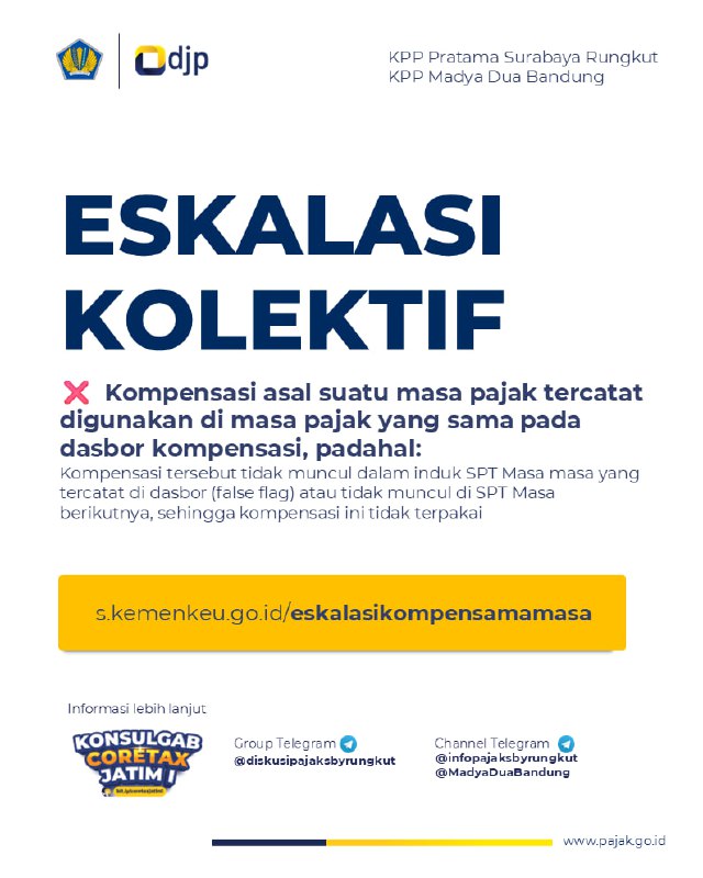 KPP Pratama Surabaya Rungkut dan KPP Madya Dua Bandung, melalui forum Konsulgab Coretax Jatim 1, kembali membuka form eskalasi agar dapat ditiketkan Meja Layanan Helpdesk TI (Melati) dan Tim PSIAP DJP secara kolektif.📢 Eskalasi Kolektif Kompensasi Sama MasaFokus kasus:❌ Kompensasi dari suatu masa pajak tercatat dipakai di masa yang sama menurut Dasbor Kompensasi, padahal Kompensasi tersebut:- Tidak digunakan sebenarnya di masa tersebut (false flag), atau- Tidak muncul sama sekali di masa berikutnya (sehingga tidak bisa dimanfaatkan)⚠️ Akibatnya, kompensasi tidak dapat digunakan meskipun seharusnya masih tersedia.🛠 Jika mengalami hal ini, selain bisa tiketing ke KPP atau Kring Pajak, Kawan Pajak juga dipersilakan eskalasi kolektif di:📌 s.kemenkeu.go.id/eskalasikompensamamasaKami akan update harian melalui:📢 Channel Telegram:@infopajaksbyrungkut | @MadyaDuaBandung💬 Diskusi: @diskusipajaksbyrungkutSemoga menjadi salah satu upaya percepatan dalam asistensi kepada Wajib Pajak 🙏ttd Penyuluh PajakRahmatullah Barkat dan Rindang Kartika