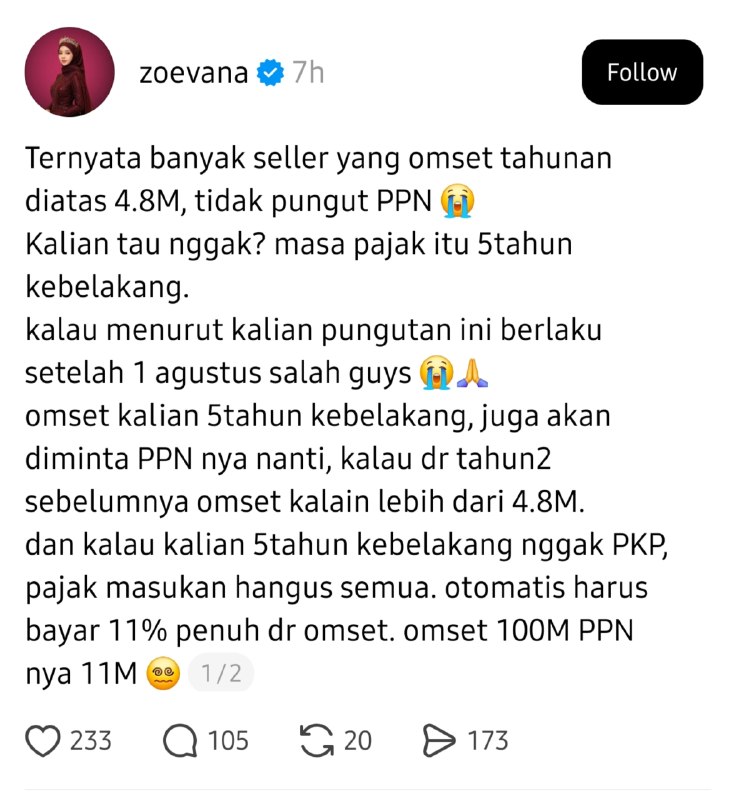 Ini postingan seller yang dah patuh sebagai PKP, memperlihatkan keresahannya saat melihat sesama seller banyak yang belum PKP, padahal omzet sudah > 4.8 Miliar.Ada pengalaman serupa? Sila berbagi, biarkan pengalaman atau hikmah berbicara. Bukan untuk menakuti, tapi menjadi bahan renungan, terutama bagi seller baru. Karena pada intinya, PPN bukan tanggungan seller, hanya perpanjangan tangan memungut, tapi jika lupa PKP = seller berkata, 