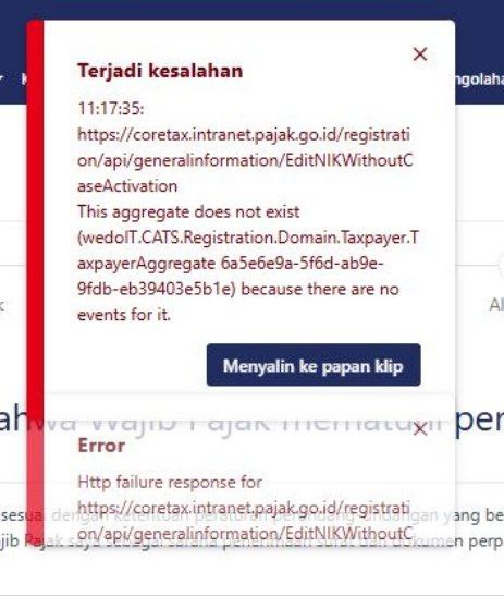 Per 12:07 WIBKendala pendaftaran NPWP via Coretax WP atau petugas dengan error this aggregate does not exist sedang dalam perbaikan.--t.me/FAQcoretaxDiskusi konsulgabjatim1