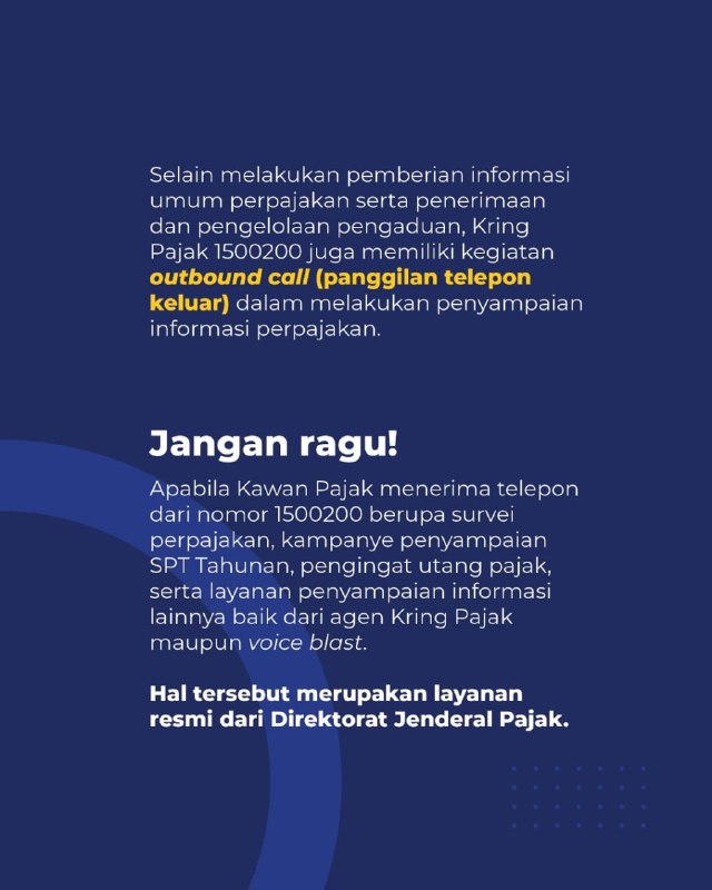 #ReminderJika dapat telepon dari 1500200, kemungkinannya reminder:1. Survei perpajakan2. Kampanye penyampaian SPT Tahunan3. Pengingat utang pajak4. dan layanan penyampaian informasi lainnyaDiangkat aja. Biar tahu duduk perkaranya apa. —t.me/FAQcoretax#ReminderJika dapat telepon dari 1500200, kemungkinannya reminder:1. Survei perpajakan2. Kampanye penyampaian SPT Tahunan3. Pengingat utang pajak4. dan layanan penyampaian informasi lainnyaDiangkat aja. Biar tahu duduk perkaranya apa. —t.me/FAQcoretax