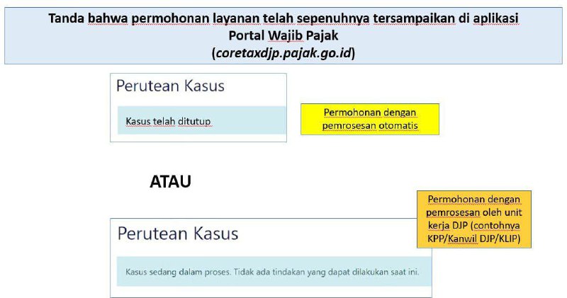 #reminderTerpantau masih banyak WP yang mendapat dokumen dari layanan administrasi Coretax namun tidak terdeteksi oleh lawan transaksi. Misalnya, seperti yang pernah diangkat dalam FAQ 132 tentang Suket Validasi SSP yang tidak ditemukan.✅ Solusi untuk SELURUH dokumen layanan dokumen administrasi:PASTIKAN bahwa suatu kasus permohonan Layanan Administrasi yang disampaikan melalui Coretax, telah sukses diselesaikan/disampaikan apabila tampilan pada Alur Kasus laman permohonan adalah sebagaimana terlampir.🚫 Apabila belum muncul alur kasus sesuai gambar, berarti masih ada step/langkah yang harus dilanjutkan. 