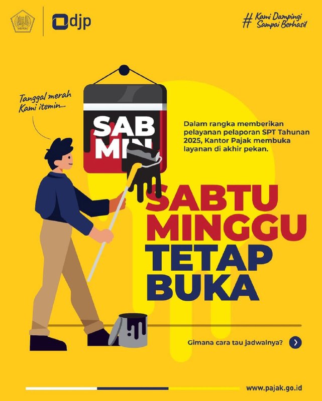 Mau lapor SPT tapi sibuk di hari kerja? Tenang, #KawanPajak! Kantor Pajak kini hadir lebih dekat dengan membuka layanan di akhir pekan (Sabtu & Minggu) untuk mendampingi kamu menuntaskan kewajiban pelaporan SPT Tahunan.Pastikan #KawanPajak memantau secara berkala akun media sosial KPP di wilayah domisili masing-masing untuk mengetahui jadwal operasional unit kerja terdekat, ya! Jangan lupa ambil tiket antrean terlebih dahulu melalui kunjung.pajak.go.id. Seluruh layanan kami tidak dipungut biaya alias GRATIS, jadi tetap waspada terhadap segala bentuk penipuan atau calo karena #KamiDampingiSampaiBerhasil!Mau lapor SPT tapi sibuk di hari kerja? Tenang, #KawanPajak! Kantor Pajak kini hadir lebih dekat dengan membuka layanan di akhir pekan (Sabtu & Minggu) untuk mendampingi kamu menuntaskan kewajiban pelaporan SPT Tahunan.Pastikan #KawanPajak memantau secara berkala akun media sosial KPP di wilayah domisili masing-masing untuk mengetahui jadwal operasional unit kerja terdekat, ya! Jangan lupa ambil tiket antrean terlebih dahulu melalui kunjung.pajak.go.id. Seluruh layanan kami tidak dipungut biaya alias GRATIS, jadi tetap waspada terhadap segala bentuk penipuan atau calo karena #KamiDampingiSampaiBerhasil!