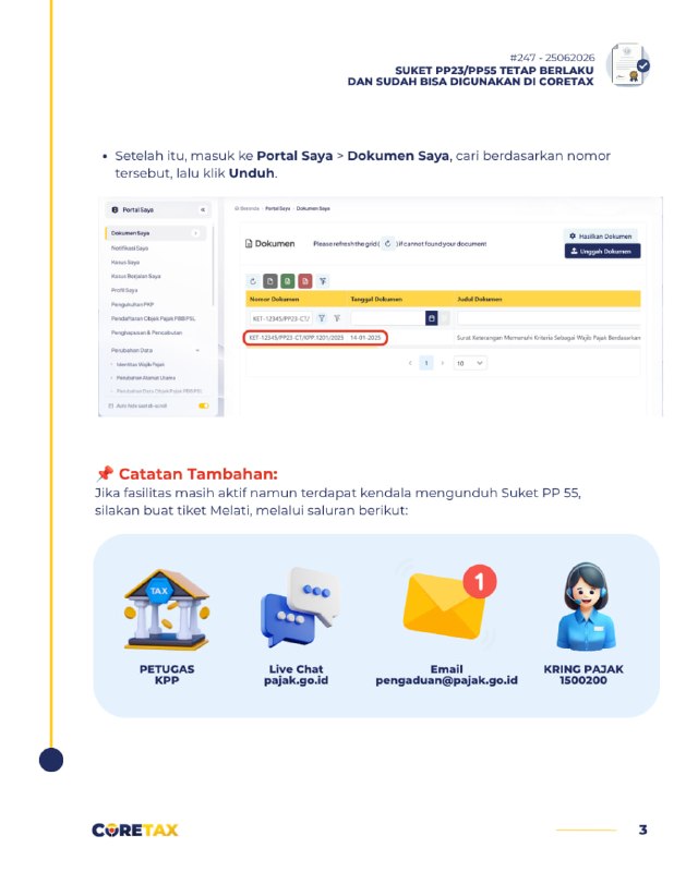 Part 2 FAQ 2472. CARA WP PPh FINAL 0.5% CEK & UNDUH SUKET DI CORETAXWP dapat memastikan status fasilitasnya telah kembali aktif melalui dua cara:🔎 Cara 1 (Cek Status Aktif):* Masuk ke Portal Saya > Profil Saya > Ikhtisar Profil Wajib Pajak > Fasilitas Aktif.* Cari Kode AS.06-01, lalu geser tabel ke kanan untuk melihat status 