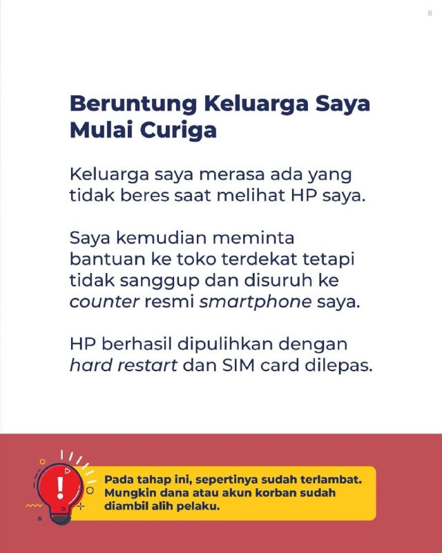 Penipu menyamar jadi petugas DJP, menyebutkan datamu dengan benar, lalu meminta share screen untuk bantuan Coretax.Begitu kamu share screen, saldo rekeningmu dalam bahaya! DJP tidak pernah meminta akses layar atau meminta kamu meng-install aplikasi sembarangan. Jika ada yang meminta hal tersebut, HAMPIR PASTI ITU PENIPUAN.Sebarkan informasi ini ke keluarga dan teman terdekat agar tidak ada lagi korban jatuh! 🤜🤛Penipu menyamar jadi petugas DJP, menyebutkan datamu dengan benar, lalu meminta share screen untuk bantuan Coretax.Begitu kamu share screen, saldo rekeningmu dalam bahaya! DJP tidak pernah meminta akses layar atau meminta kamu meng-install aplikasi sembarangan. Jika ada yang meminta hal tersebut, HAMPIR PASTI ITU PENIPUAN.Sebarkan informasi ini ke keluarga dan teman terdekat agar tidak ada lagi korban jatuh! 🤜🤛