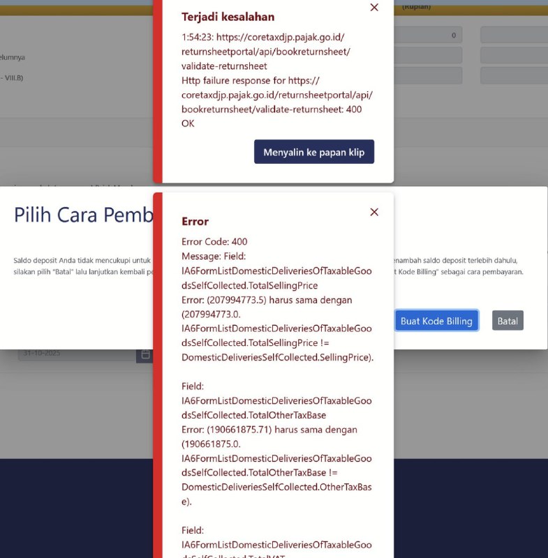 #SolusiError #eFaktur174. Saat coba bayar dan lapor SPT Masa PPN yang berisi FP digunggung, apa solusi error: IA6FormListDomesticDeliveriesOfTaxableGoodsSelfCollected.TotalSellingPrice Error: (207999473.5) harus sama dengan (207994773.0).atauIA6FormListDomesticDeliveriesOfTaxableGoodsSelfCollected.TotalOtherTaxBase Error: (190661875.7) harus sama dengan (190661875.0)⭕️ Penyebab: Error ini disebabkan karena nilai DPP, DPP Nilai Lain, dan PPN pada XML FP Digunggung mengandung desimal (nilai di belakang koma), dan tidak sesuai Pasal 129 PER-11/PJ/2025.✅ Solusi:
