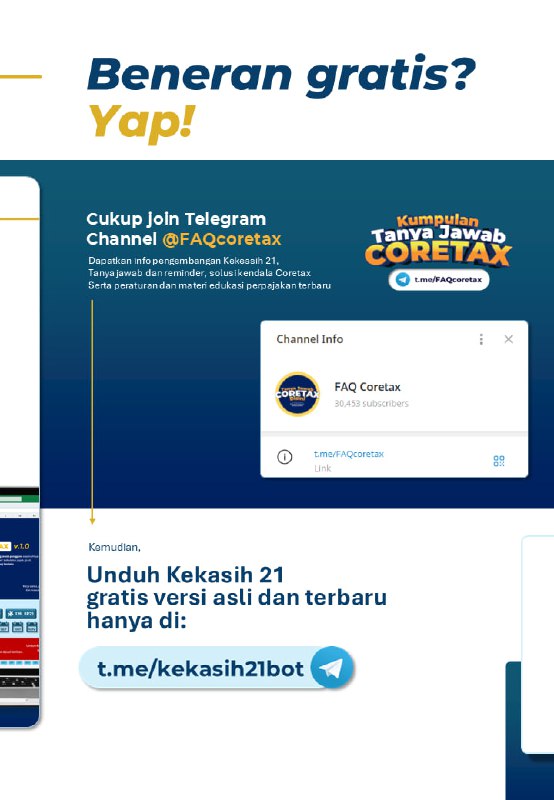 📢 AKHIRNYA RILIS | KeKaSih 21 v1.0 (Coretax)Rekan @FAQcoretax, ini adalah kontribusi kecil saya, Rahmatullah Barkat, untuk mempermudah kita semua menghadapi PPh 21 di era Coretax.Saya merancang KeKaSiH 21 (Kertas Kerja Simplifikasi Hitung PPh Pasal 21) agar perhitungan pajak jadi lebih praktis, mulai dari:✅ All-in-One: Hitung PPh 21 Pegawai Tetap, Tidak Tetap, & Lainnya.  ✅ Coretax Ready: Support TER, Tahunan A1, & XML Export (PMK-168).  ✅ Smart Simulation: Komparasi TER vs Tarif 17 & Simulasi Pemotongan Tahunan dan Kertas Kerja DTP PMK-72 (Insentif Pariwisata).  ✅ Gratis & Mudah: Gaptek friendly, sudah saya sediakan panduan bergambar.Kertas Kerja ini GRATIS, spesial untuk subscriber setia @FAQcoretax.📥 Ambil aplikasi-nya hanya di sini:  👉 t.me/kekasih21botSemoga karya sederhana ini bermanfaat dan memudahkan pekerjaan teman-teman semua. Saran, masukan dan pertanyaan silakan komen di post ini. Terima kasih.Salam hormat,  Rahmatullah Barkat- Penyuluh Pajak——t.me/FAQcoretax📢 AKHIRNYA RILIS | KeKaSih 21 v1.0 (Coretax)Rekan @FAQcoretax, ini adalah kontribusi kecil saya, Rahmatullah Barkat, untuk mempermudah kita semua menghadapi PPh 21 di era Coretax.Saya merancang KeKaSiH 21 (Kertas Kerja Simplifikasi Hitung PPh Pasal 21) agar perhitungan pajak jadi lebih praktis, mulai dari:✅ All-in-One: Hitung PPh 21 Pegawai Tetap, Tidak Tetap, & Lainnya.  ✅ Coretax Ready: Support TER, Tahunan A1, & XML Export (PMK-168).  ✅ Smart Simulation: Komparasi TER vs Tarif 17 & Simulasi Pemotongan Tahunan dan Kertas Kerja DTP PMK-72 (Insentif Pariwisata).  ✅ Gratis & Mudah: Gaptek friendly, sudah saya sediakan panduan bergambar.Kertas Kerja ini GRATIS, spesial untuk subscriber setia @FAQcoretax.📥 Ambil aplikasi-nya hanya di sini:  👉 t.me/kekasih21botSemoga karya sederhana ini bermanfaat dan memudahkan pekerjaan teman-teman semua. Saran, masukan dan pertanyaan silakan komen di post ini. Terima kasih.Salam hormat,  Rahmatullah Barkat- Penyuluh Pajak——t.me/FAQcoretax
