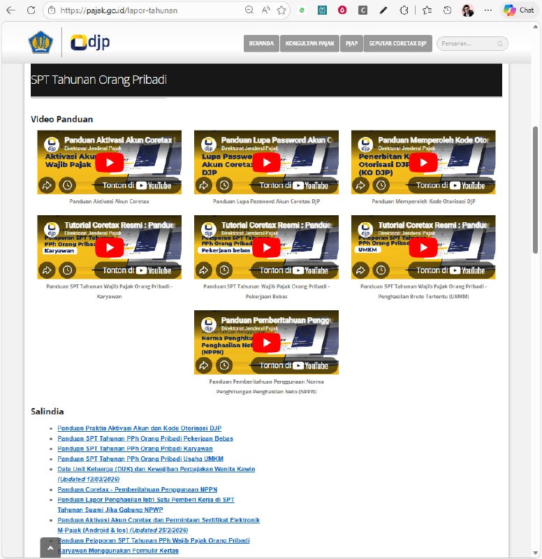 #ReminderSemua materi panduan:SPT Tahunan PPh (Orang Pribadi dan Badan): * video tutorial* paparan terbaru (termasuk updatenya) dikumpulkan satu tempat:👉 pajak.go.id/lapor-tahunan 👈Bagi internal dan rekan rekan WP, yang bertanya soal panduan, silakan cari di sini ya.Kalau kebutuhannya belum ada, atau ada saran masukan, silakan sampaikan di kolom komentar.⌛️ Batas waktu pelaporan SPT Tahunan 2025: 31 Maret 2026 Segerakan. biar libur lebaran/nyepi tenang. 🤗—t.me/FAQcoretax