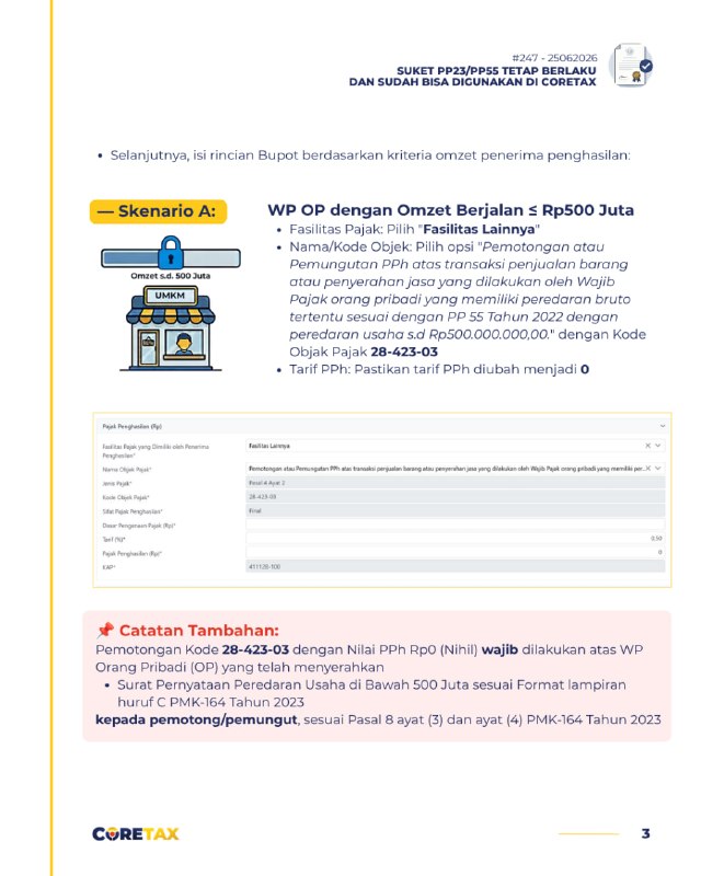 Part 3 FAQ 2473. PANDUAN BIKIN EBUPOT BAGI LAWAN TRANSAKSIPemotong/pemungut pajak dapat membuat Bukti Potong  atas WP yang telah diterbitkan dan diaktifasi otomatis Suketnya dengan langkah:  * eBupot → BPPU → Create eBupot BPU* Isi Masa Pajak (berdasarkan kejadian paling awal antara pembayaran/disediakan dibayar/jatuh tempo), NIK/NPWP 16 digit, dan NITKU penjual.Selanjutnya, isi rincian Bupot berdasarkan kriteria omzet penerima penghasilan:— Skenario A: WP OP dengan Omzet Berjalan ≤ Rp500 Juta* Fasilitas Pajak: Pilih 