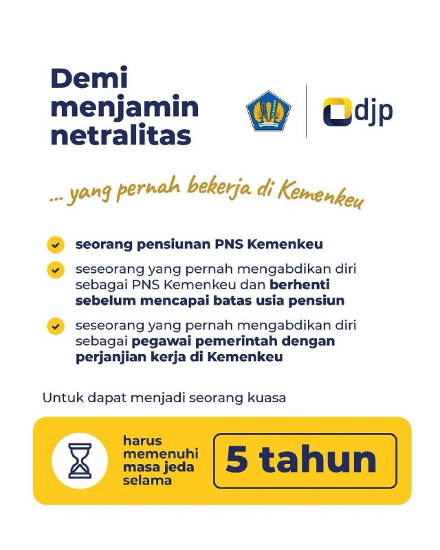 #KawanPajak kini lebih mudah dalam menunjuk kuasa wajib pajak. Dengan PMK terbaru ini, wajib pajak dapat menunjuk kuasa dengan Surat Kuasa Khusus, baik konsultan, keluarga, dan pihak lain yang sesuai ketentuan. Adapun ketentuan PMK ini juga mengatur pihak lain yang pernah bertugas di Kemenkeu harus lebih dulu memenuhi masa jeda selama 5 tahun. Yuks, simak info selengkapnya pada infografis berikut—t.me/FAQcoretax#KawanPajak kini lebih mudah dalam menunjuk kuasa wajib pajak. Dengan PMK terbaru ini, wajib pajak dapat menunjuk kuasa dengan Surat Kuasa Khusus, baik konsultan, keluarga, dan pihak lain yang sesuai ketentuan. Adapun ketentuan PMK ini juga mengatur pihak lain yang pernah bertugas di Kemenkeu harus lebih dulu memenuhi masa jeda selama 5 tahun. Yuks, simak info selengkapnya pada infografis berikut—t.me/FAQcoretax