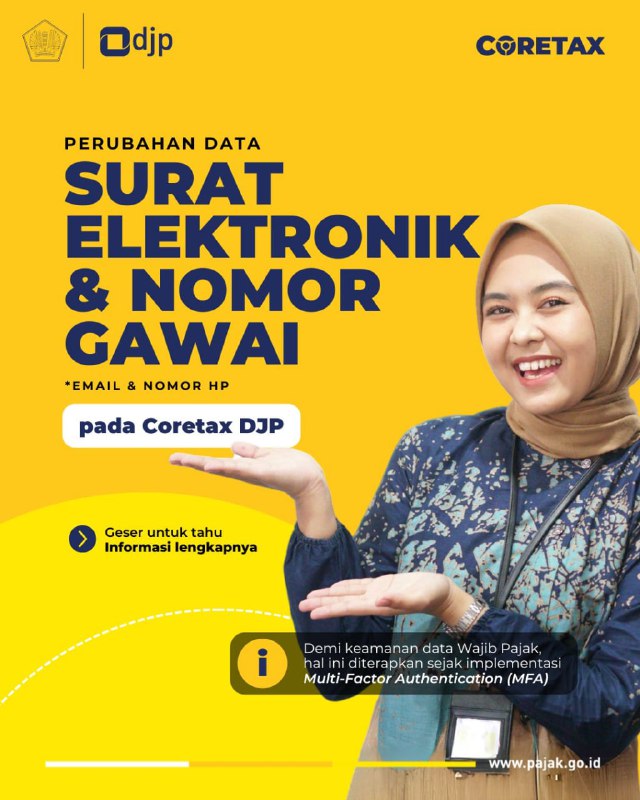 131. Mengapa saat ini tidak dapat melakukan perubahan email dan nomor HP orang pribadi melalui Aktivasi Akun Wajib Pajak? Bagaimana caranya untuk melakukan perubahan email dan nomor HP?#Registrasi DJP mengimplementasikan kebijakan MFA demi keamanan data wajib pajak, sehingga perubahan email dan nomor HP dapat dilakukan ke KPP terdekat atau KPP terdaftar.Kring Pajak 1500200 atau Live Chat pajak.go.id tidak melayani perubahan data ini secara online.—@FAQcoretaxDiskusi konsulgabjatim1