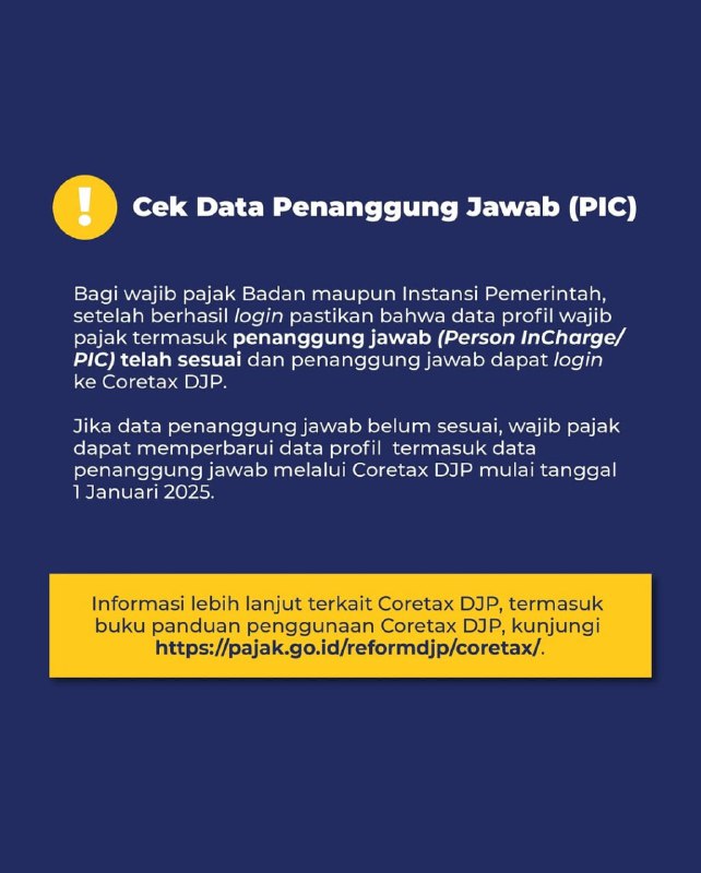 🔔 PRAIMPLEMENTASI CORETAX DJP:Wajib Pajak dapat Login Lebih AwalCoretax DJP akan mulai diimplementasikan pada 1 Januari 2025! Masa praimplementasi berlangsung pada 16–31 Desember 2024, dan wajib pajak sudah bisa log in ke sistem Coretax DJP mulai 24 Desember 2024 melalui tautan: 